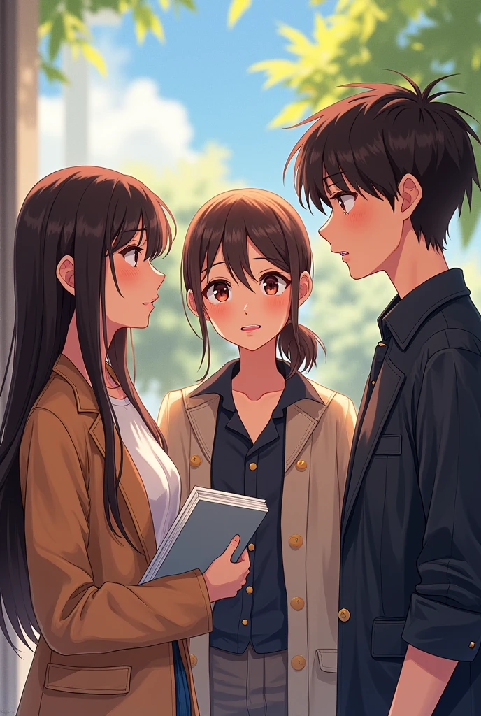
"Draw a scene with four characters:
1. **Calla**: Girl On the left or middle left, with an oval face, fair skin, large dark brown eyes, long straight dark brown hair. She's wearing elegant yet casual clothing, holding a small book or notes, with a warm and gentle expression. 
2. **Ren**: boy On the left or middle right, with a relaxed appearance, slightly messy hair, and casual attire. He's smiling cheerfully or playfully.
3. **Afnan**: boy In the middle or on the right, with a serious or slightly frowning expression, short well-groomed hair, and semi-formal or formal clothing.
4. **Rosa**: girl On the right, with a glamorous outfit and tied-back hair, showing a slight scowl or irritation.

Set them in a campus or café environment, with interactions reflecting their relationships."