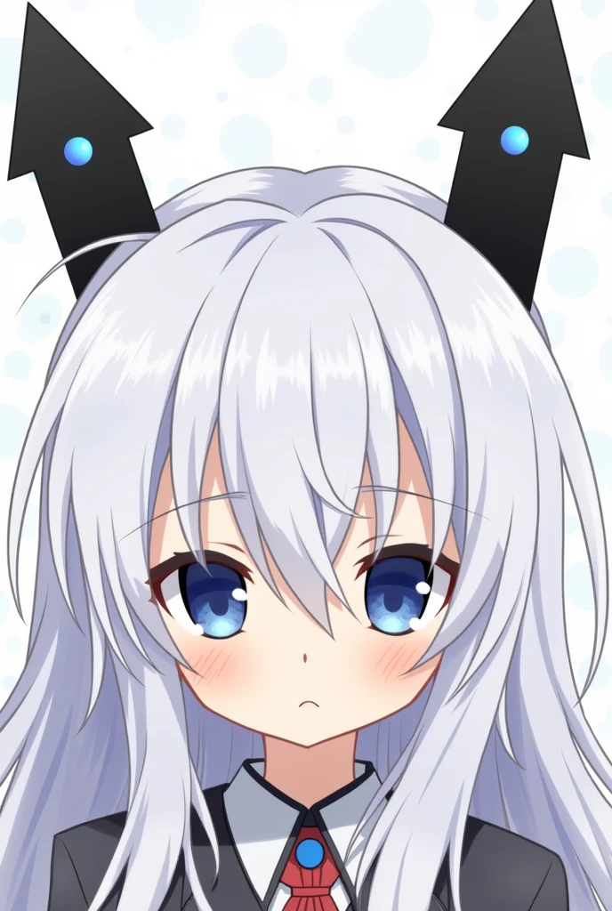 A Japanese anime style girl with long white hair，M-shaped bangs，She has a pair of blue eyes，There are only two black upward arrow-shaped head ornaments on her head. There is only one blue round bead in the middle of each upward arrow.