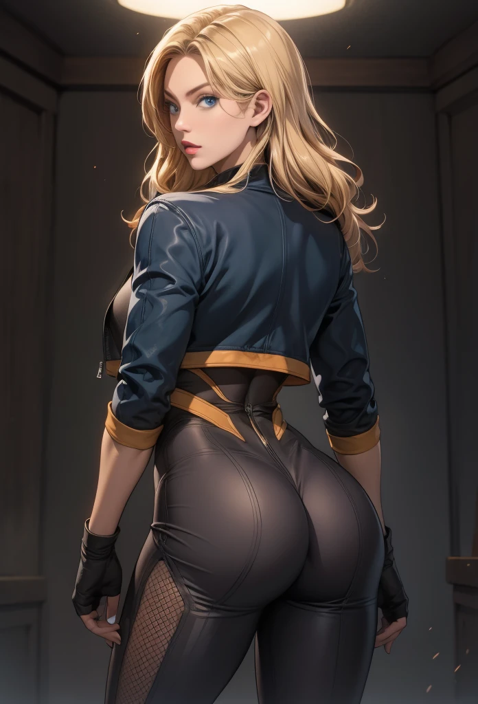 perfect eyes:1.2, detailed eyes:1.4, Dinah, blue eyes, blonde hair, black body suit, zipper, black cropped jacket, fishnets, cowboy shot, 1girl, solo, (masterpiece:1.6, best quality), 8k, insane details, intricate details, hyperdetailed, hyper quality, high detail, ultra detailed, professional, HDR, ray tracing reflection, cinematic lighting,