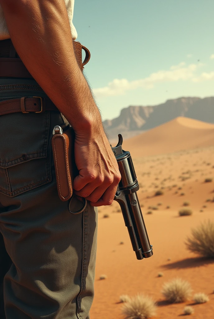 A cowboy's arm with bloody arm and hand holding a revolver. With a desert in the background