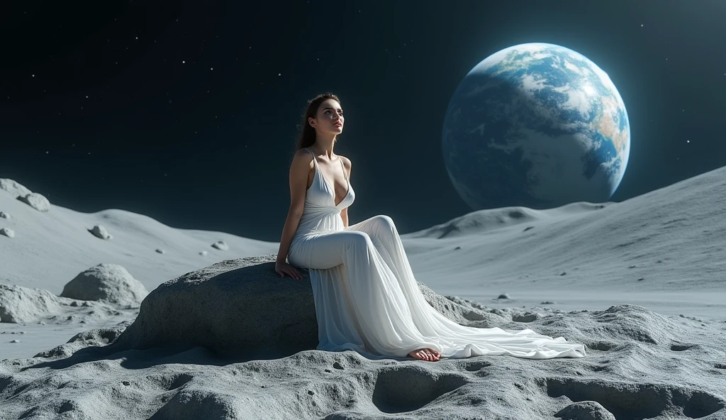 beautiful woman sitting on top of a rock on the lunar surface, in the background of the image you can see the earth, the woman is wearing a long white dress, barefoot, big breasts, High resolution,sharp focus,(ultra detailed,extremely detailed),(photorealistic artwork:1.37),(extremely detailed CG unity 8k wallpaper),(((vibrant colors,vibrant theme))),(Intricate),(masterpiece),(Best Quality),