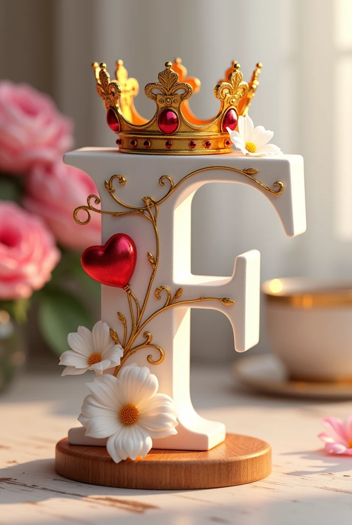 A 3D render of a white letter F with gold embellishments and small white flowers on a wooden base. The letter is adorned with a red heart and a gold British crown with red jewels. The background is blurred and features a cup of coffee and a bouquet of pink flowers. The image is styled to look like a beautiful, whimsical scene.