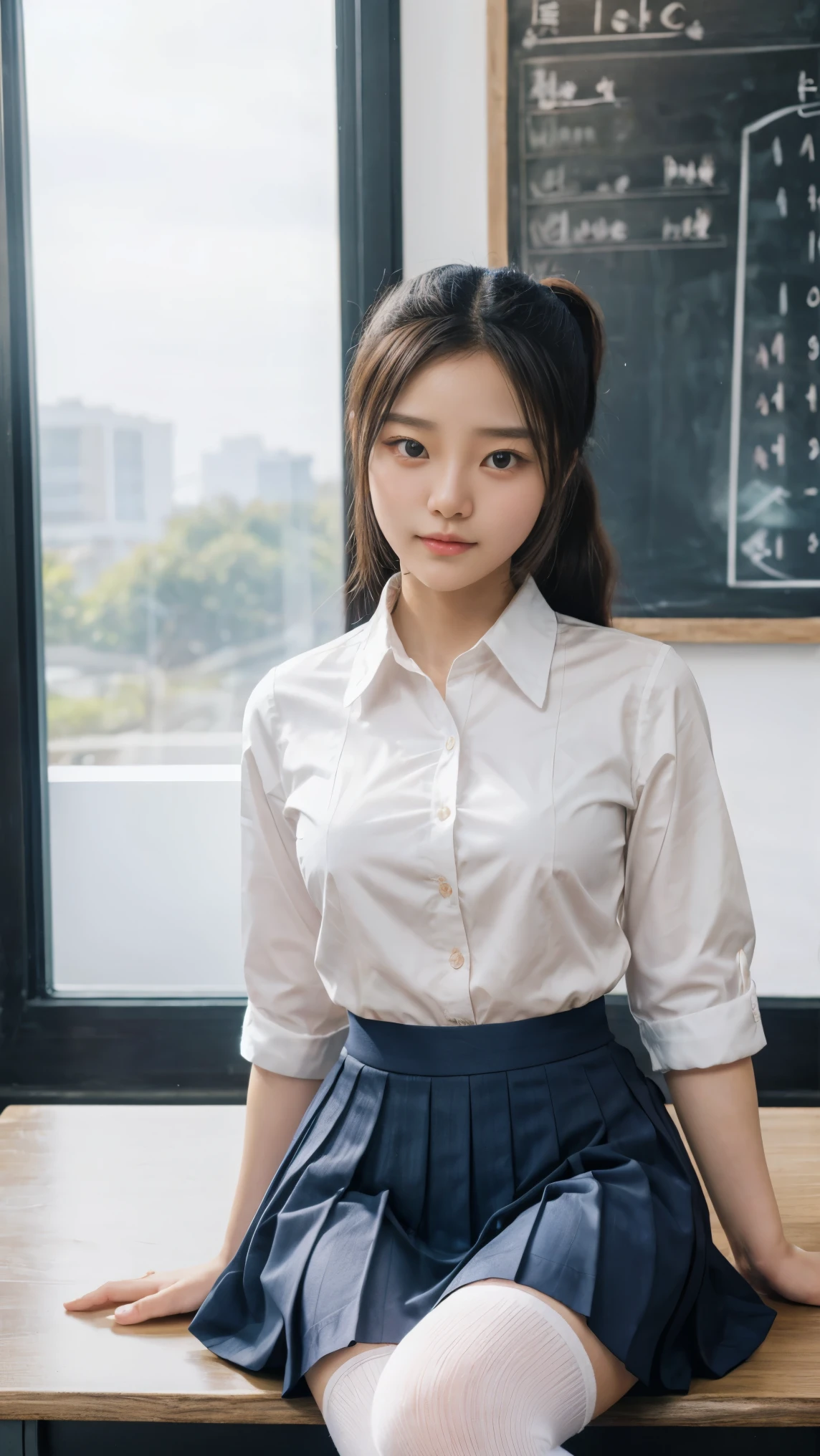 masterpiece, best quality, full-body shot, cute young woman, Korean idol, heart-shaped face, large almond eyes, silky black hair tied in a neat ponytail, small rosy lips, wearing a traditional Korean school uniform with a white blouse, navy blue pleated skirt, matching navy blazer, and knee-high socks, sitting at a wooden school desk in a bright and modern classroom, soft natural light coming through large windows, chalkboard in the background, detailed facial features, soft shadows, 50mm lens, slightly low-angle shot, realistic lighting, serene and focused expression.