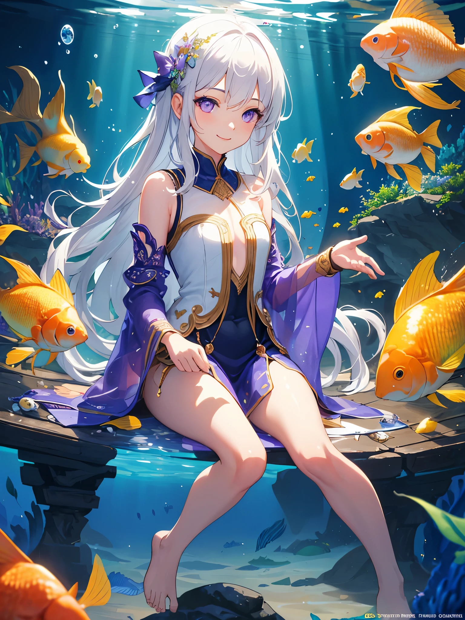 [(Transparent background:1.5)::5],(((masterpiece))),(((best quality))),(((extremely detailed))),illustration, 1girl,solo,mysterious,vivid color,shiny, underwater transparent sealed hemispherical glass dome, (white hair),(purple eyes), full body,barefoot,long hair tranquil nature, koi,Underwater, Dome,close up,Dynamic actions,Lens perspective,(((Box composition))),sit cross-legged and lean against the bookshel, volumetric lighting, multi-color eyes, detailed eyes, hyper detailed,light smile, highly detailed, beautiful, small details, ultra detailed, best quality, intricate, 4k, 8k, trending on artstation, good anatomy, beautiful lighting, award-winning,