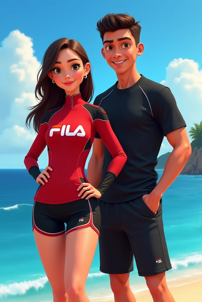 DISNEY PIXAR MOVIE POSTER
Couple wearing rush guards, the girl's rushguard is red with word FILA and black in part of arms also wearing black shorts. The guy is wearing black rushguard and black shorts. They are both holding in both hips. Background is sea