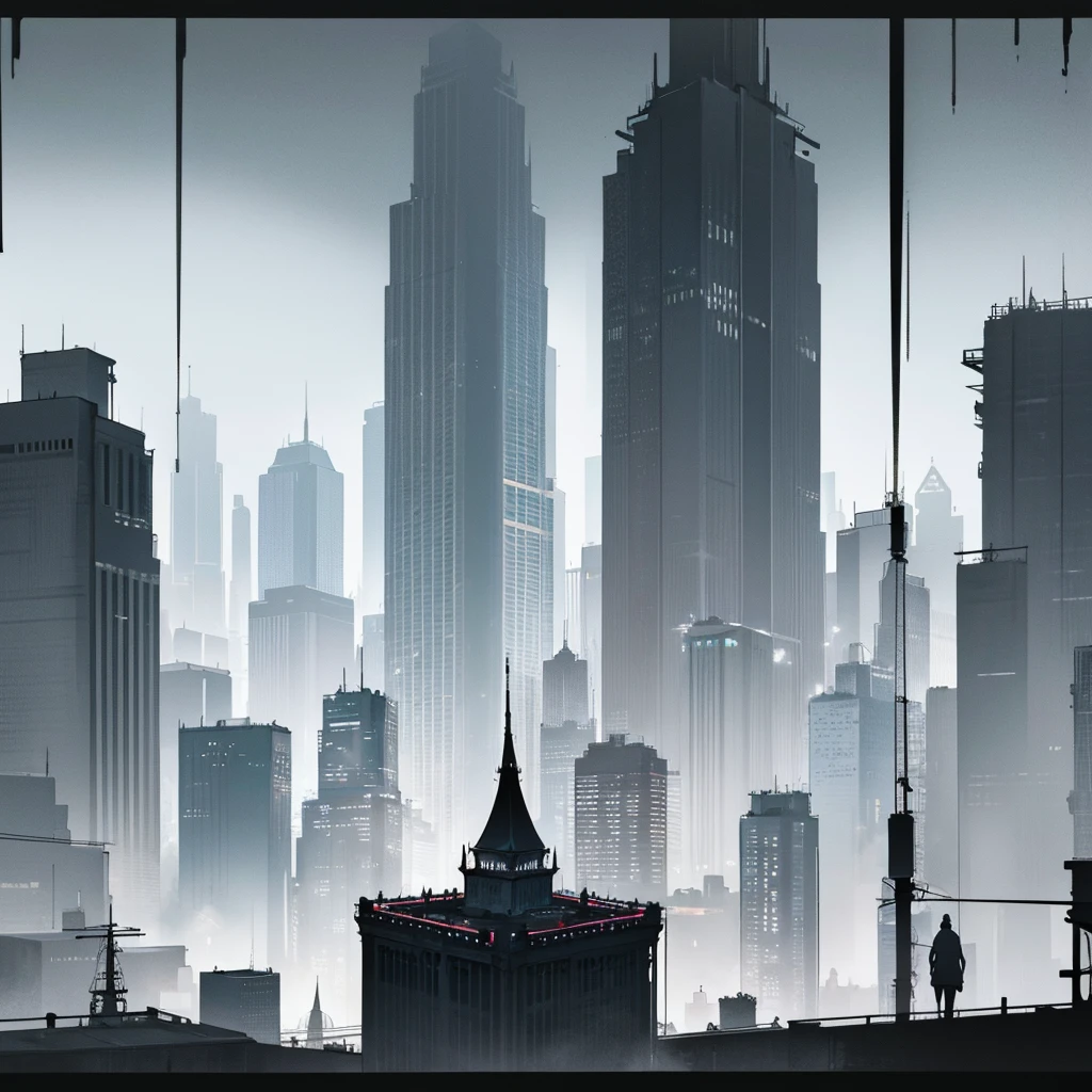 Landscape view of a large mega metropolis city with large buildings and skyscrapers of 900 meters in size. The buildings are made of black metal in black color, making the city have a retro futuristic style, super technologically advanced. ,with buildings of all kinds of shapes and different forms and that also has a dystopian and utopia style and that has streets and some small buildings 
