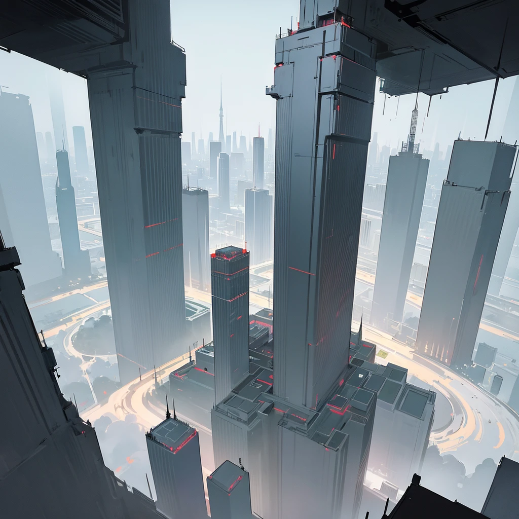 Landscape view of a large mega metropolis city with large buildings and skyscrapers of 900 meters in size. The buildings are made of black metal in black color, making the city have a retro futuristic style, super technologically advanced. ,with buildings of all kinds of shapes and different forms and that also has a dystopian and utopia style and that has streets and some small buildings 
