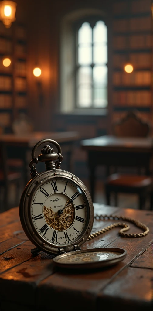 Old vintage pocket watch, dramatic scene, backlit led, bokeh f2.8, on the table, in the background the old castle library, in the background of the castle chamber