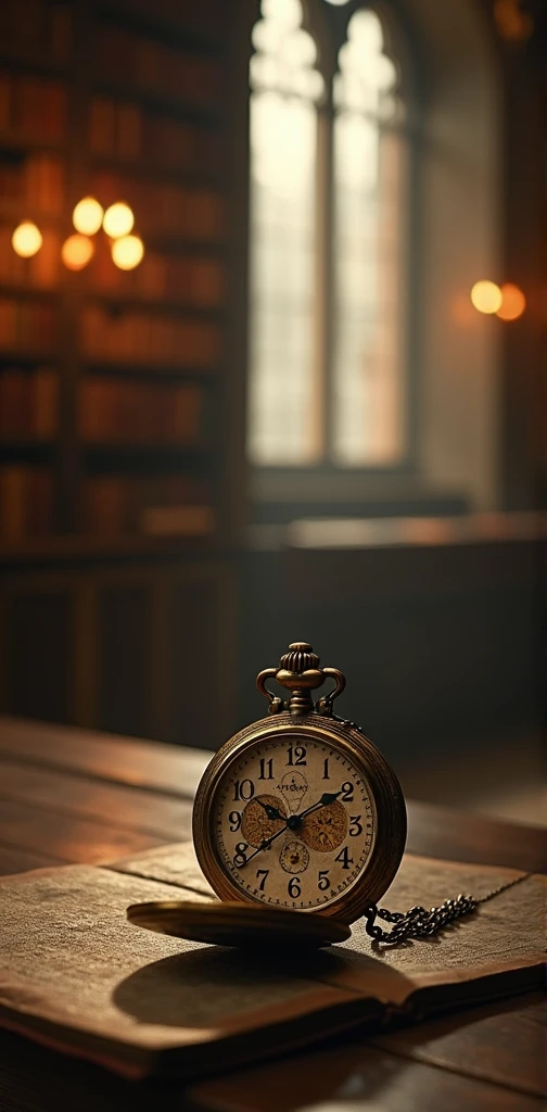 Old vintage pocket watch, dramatic scene, backlit led, bokeh f2.8, on the table, in the background the old castle library, in the background of the castle chamber
