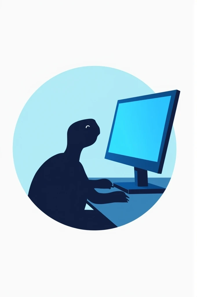 generate a logo where inside it there is a silhouette of a turtle looking at a blue computer