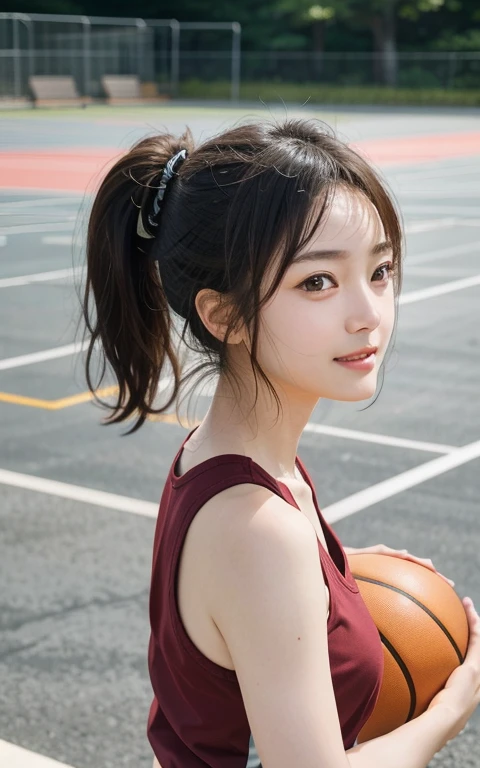 Side view a Japanese female with a smiling, adding an impression of excitement and enthusiasm, with long hair tied in a makeshift tie, wearing a  fitness Bodybuilding Racerback Tank Top. She is holding a basketball with both hand standing on an outdoor basketball court during the day, with a clear sky and a little waterfront view in the background., very detailed, 2, innocent face, natural wavy hair, brown eyes, high resolution, masterpiece, best quality, intricate details, highly detailed, sharp focus, detailed skin, realistic skin texture, texture, detailed eyes, professional, 4k, charming smile, shot on Canon, 85mm, shallow depth of field, kodak vision color, perfect fit body, extremely detailed, foto_\(ultra\), photorealistic, realistic, post-processing, maximum detail, roughness, real life, ultra realistic