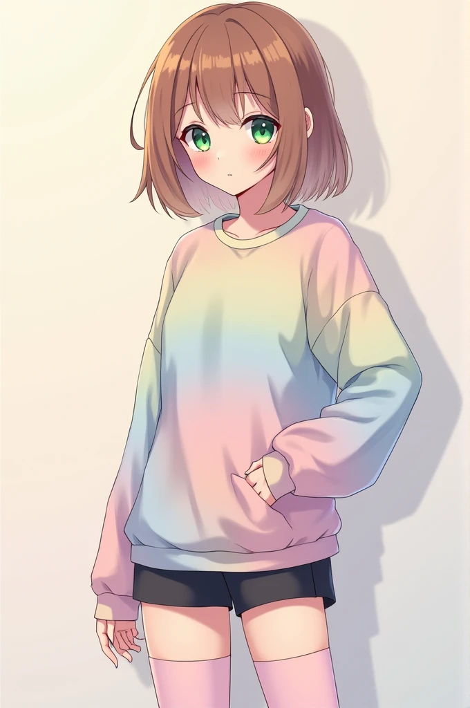 Anime boy femboy, pastel colored tight thigh high socks, pastel colored hip-length sweatshirt, a black mini short, green eyes and brown hair