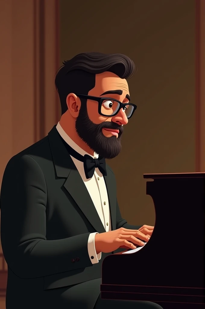 Dark-skinned, slightly overweight, elegant, bearded man with glasses and not so dark hair, playing the piano, animated version