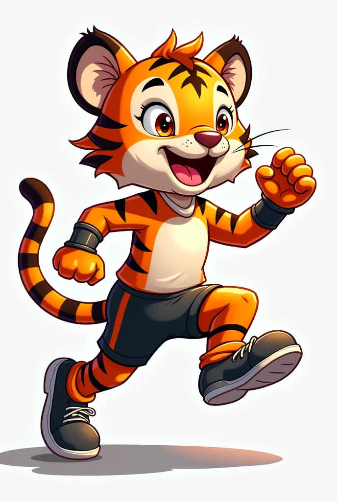 Cartoony tiger wearing shiny running shorts fingerless gloves shiny wraps around ankles and feet