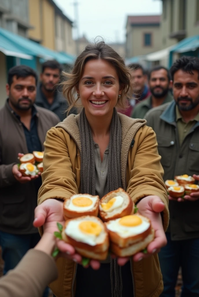 Lady handing out sandwiches and eggs 