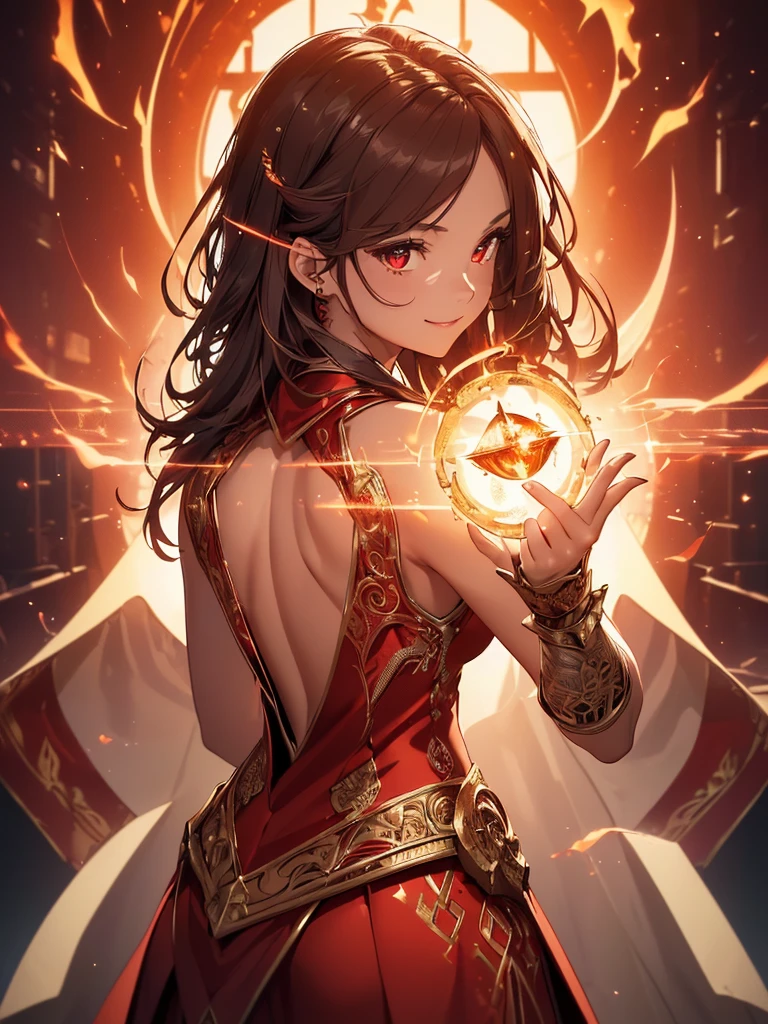 (((best quality, sharp image, clear image, cinematic lighting, 8k resolution, masterpiece, ultra detailed, intricate))) Girl, sorcerer, cute, intricate dress, smiling, fiery red, ((intricate background)), (rune frame), dimension, ((shot from behind)), fire sigils, chaotic background, ((half-body shot))