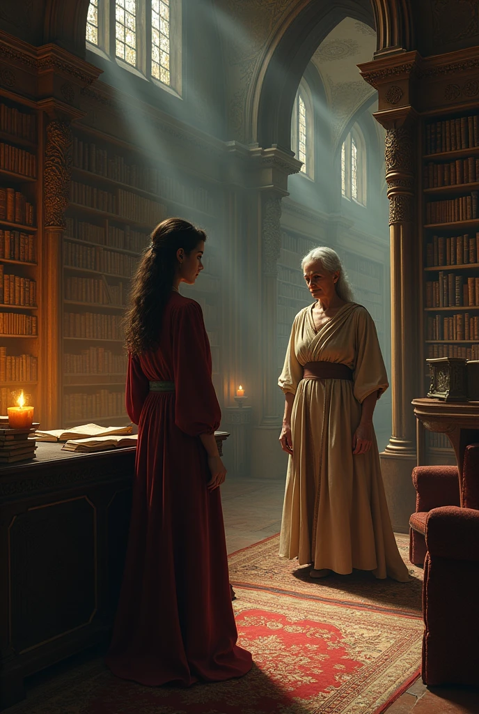 (Maya enters the grand library, filled with towering bookshelves. The atmosphere is quiet, almost eerie. She approaches the librarian, an elderly woman with a mysterious air about her.) using this seed 1921569215 (Maya) who is main character and 5023960557 (the librarian). Talking between maya and librarian.