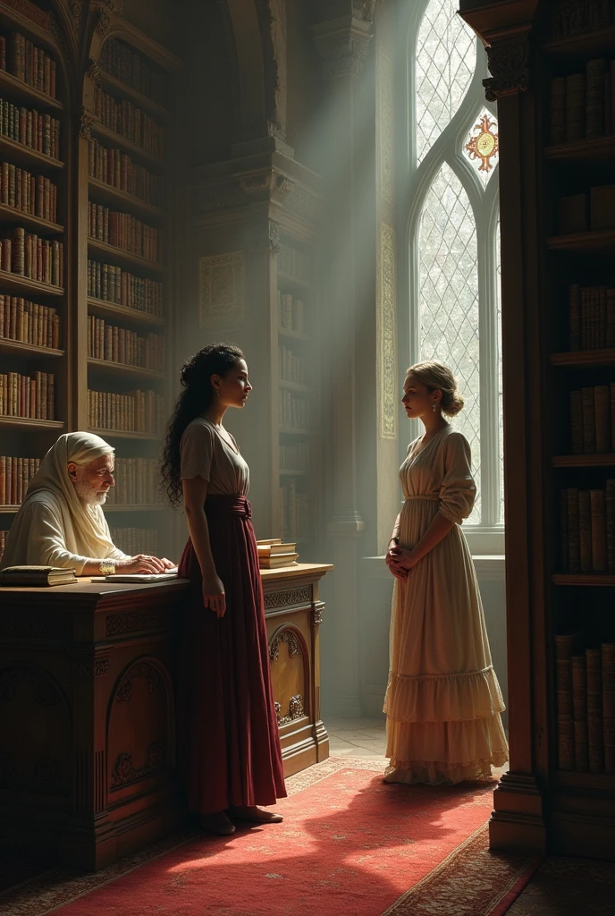 (Maya enters the grand library, filled with towering bookshelves. The atmosphere is quiet, almost eerie. She approaches the librarian, an elderly woman with a mysterious air about her.) using this seed 1921569215 (Maya) who is main character and 5023960557 (the librarian). Talking between maya and librarian.