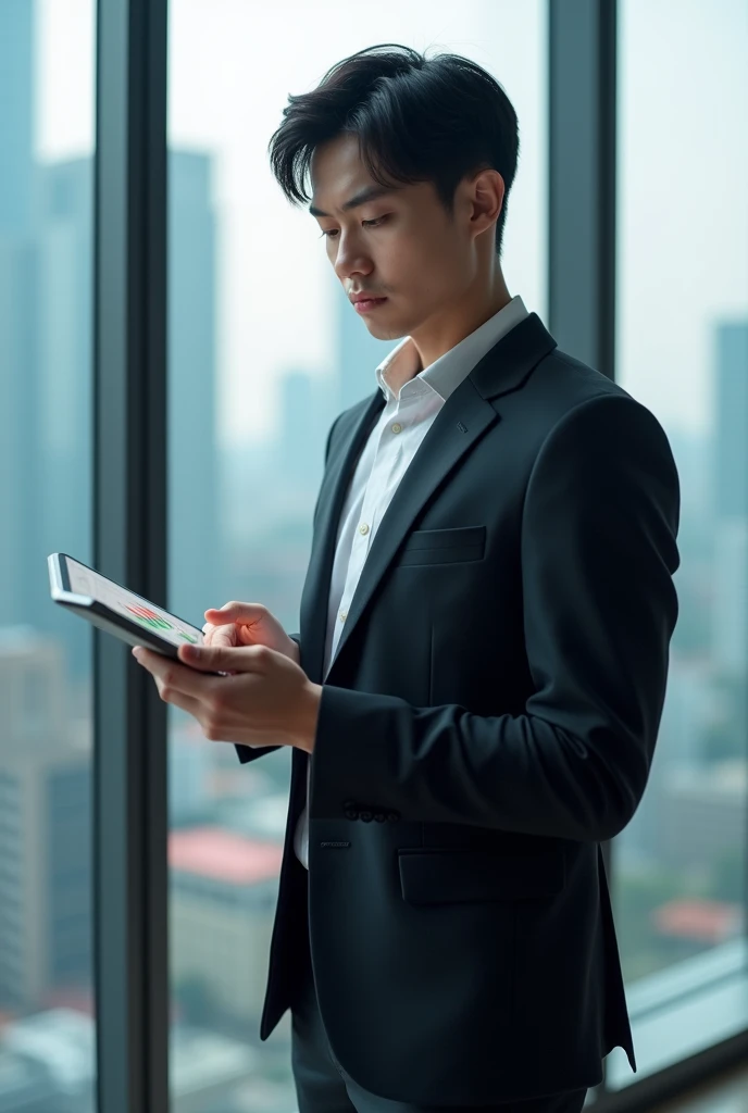 「A young man, 20 years old、With sharp features、Her black hair is short and neatly styled。He is dressed in a stylish business suit.、Standing in front of a large window in the office。Behind him is the modern and sophisticated office of the company he manages.、Behind him is a view of the city.。He has a tablet in his hand、He is gazing intently at the graph on the screen.。Confident attitude and youthful energy、Symbolizes a successful future in the business world。」