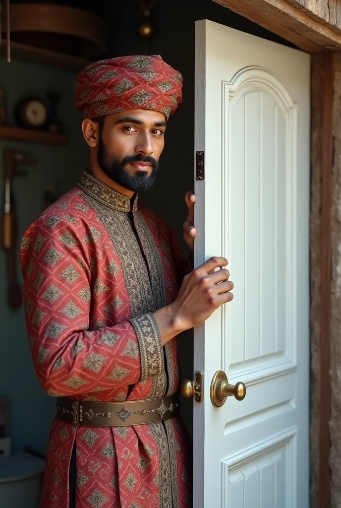 (photorealism:1.2), a handsome nepali man Who wearing Nepali dhaka topi and daura suruwal .whoM making white upvc door
 