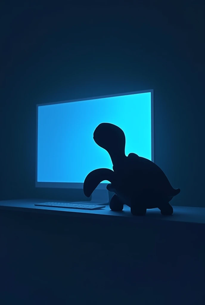 generate a logo where inside it there is a silhouette of a turtle looking at a blue computer