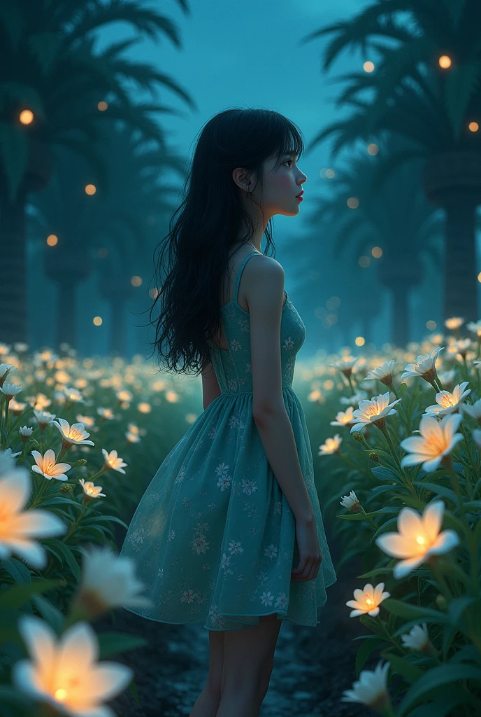 only one girl, long black hair, standing further at the back while looking behind, wearing a blue green floral dress, night time, fireflies, plantation of white plumeria flower