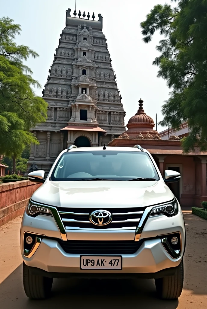 A white fortuner of UP93AK4777 in india near a temple