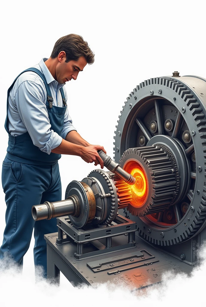 a man inserting a metal long shaft into a heated pinion gear,highly detailed engineering diagram,blueprint,mechanical engineering,gears,metalwork,industrial equipment,precision machinery,technical illustration,photorealistic,intricate details,complex machinery,engineering process,industrial design,(best quality,4k,8k,highres,masterpiece:1.2),ultra-detailed,(realistic,photorealistic,photo-realistic:1.37),industrial,mechanical,precise,complex,technical, white background 