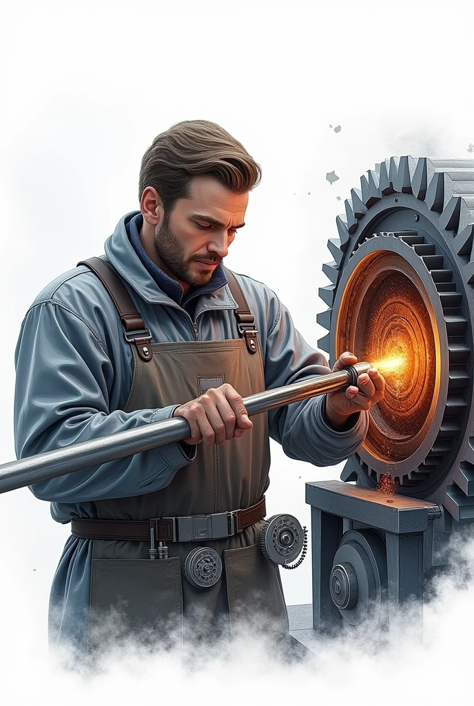 a man inserting a metal long shaft into a heated pinion gear,highly detailed engineering diagram,blueprint,mechanical engineering,gears,metalwork,industrial equipment,precision machinery,technical illustration,photorealistic,intricate details,complex machinery,engineering process,industrial design,(best quality,4k,8k,highres,masterpiece:1.2),ultra-detailed,(realistic,photorealistic,photo-realistic:1.37),industrial,mechanical,precise,complex,technical, white background 