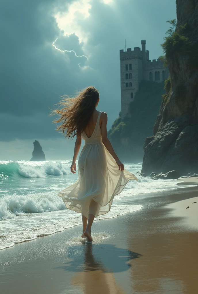 a beautiful girl with long hair, with transparent clothes, runs along the seashore, against the backdrop of a storm, thunderclouds and a castle on a rock