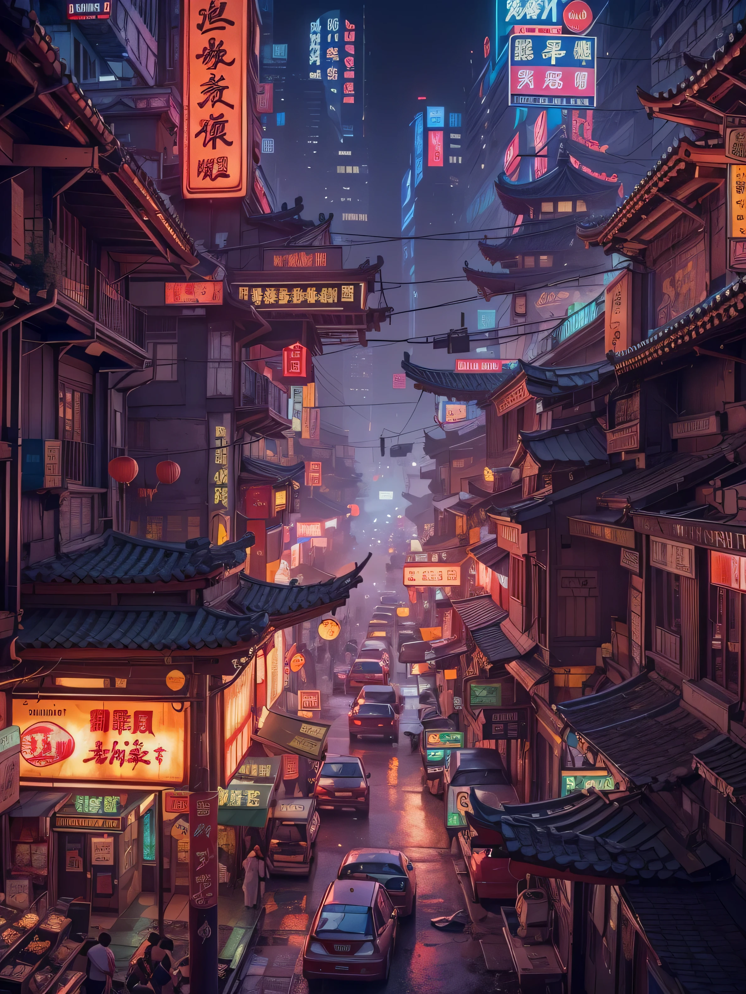 (((Masterpiece))), Best Quality,realistic perspective, High-resolution photograph,realistic details,sharp focus,Create an aerial view of a dystopian city set in the year 2527, with a cyberpunk theme centered around Chinatown. The scene should be rich in detail and feature crowded streets illuminated by vibrant neon lights. The architecture should showcase traditional Chinese elements, integrated into a futuristic, high-tech environment. The atmosphere should have a shady, mysterious vibe, with sharp focus on the intricate details of the setting, including signs, storefronts, and pedestrians. The depth of field should emphasize the contrast between the sharp foreground and the slightly blurred background(extremely intricate:1.3),4k, 8k