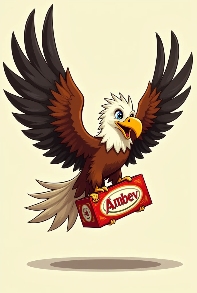 Generate a cartoonish image of an eagle with a box of AmBev beer in its claws