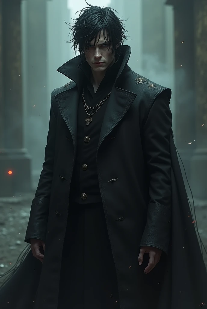 Create a male character with messy black hair and wearing a black overcoat RPG Dark fantasy .