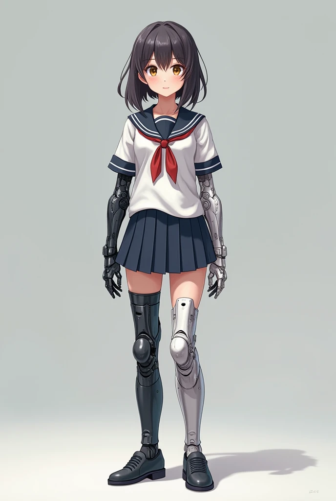 Short petite adult woman with long pigtails and school uniform Sailor uniform with short skirt With robotic prosthetics on robotic arms and legs realistic anime 2D Robotic legs