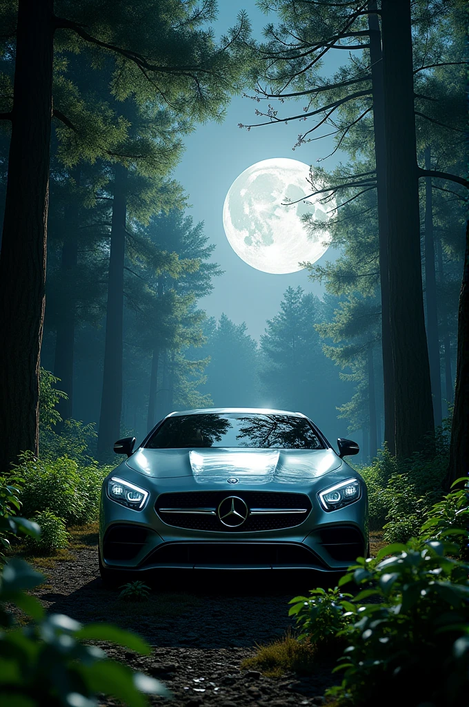 Mersedes in the forest and background has a big moon