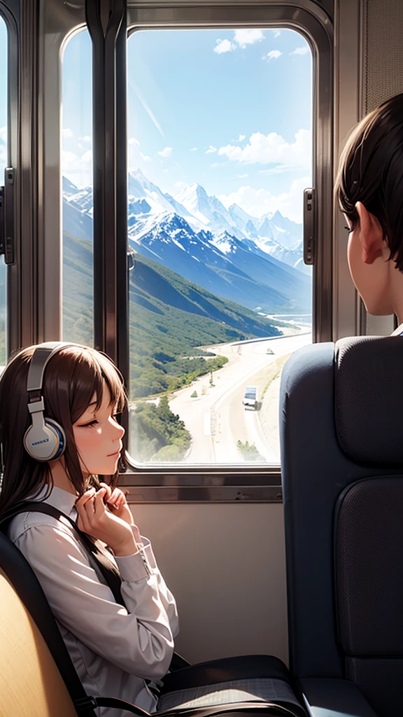 woman traveling on the bus with her eyes closed and music on her headphones and a mountain landscape passing by the large window next to her