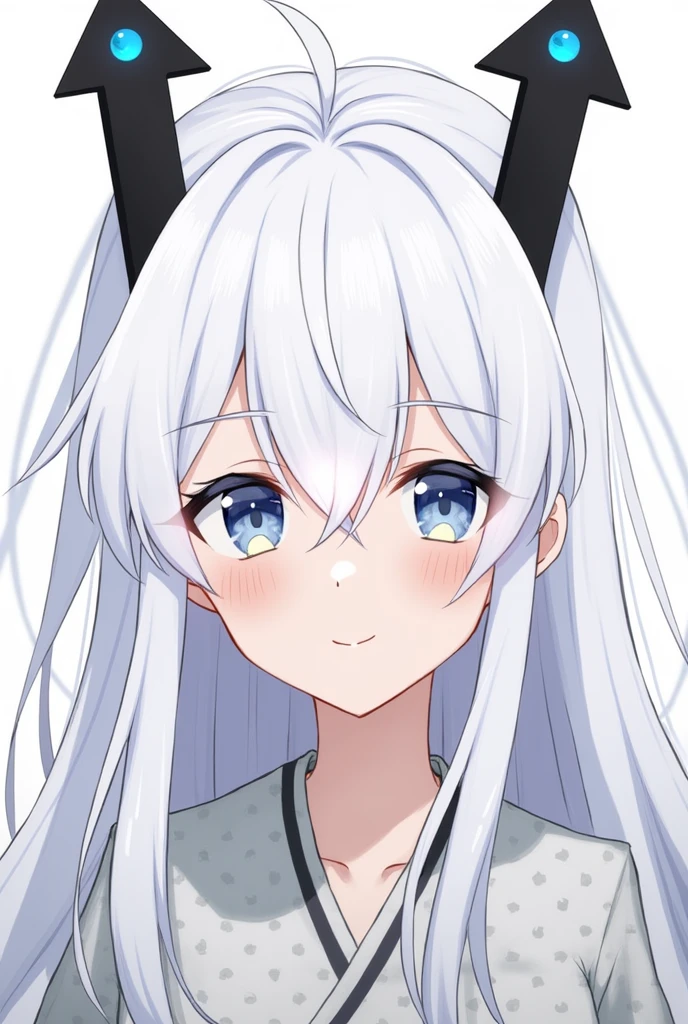 A Japanese anime style girl with long white hair，M-shaped bangs，She has a pair of blue eyes，There are only two black upward arrow-shaped head ornaments on her head. There is only one blue round bead in the middle of each upward arrow.