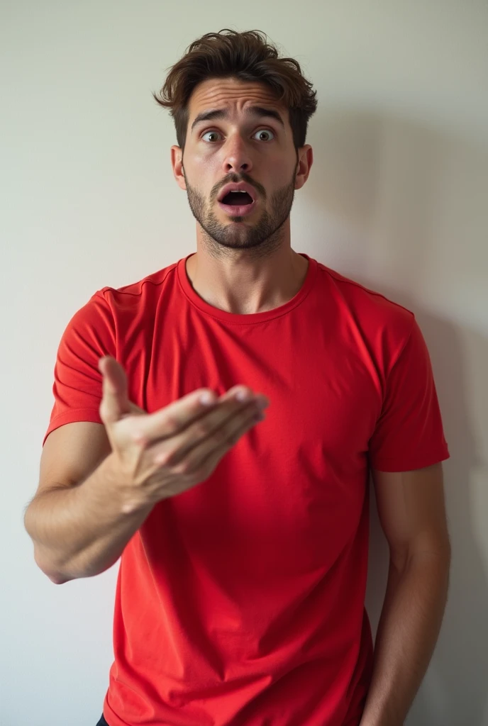 male makes surprised gesture, wears casual bright red t-shirt, poses against white wall. People, hush, conspiracy, secret concept