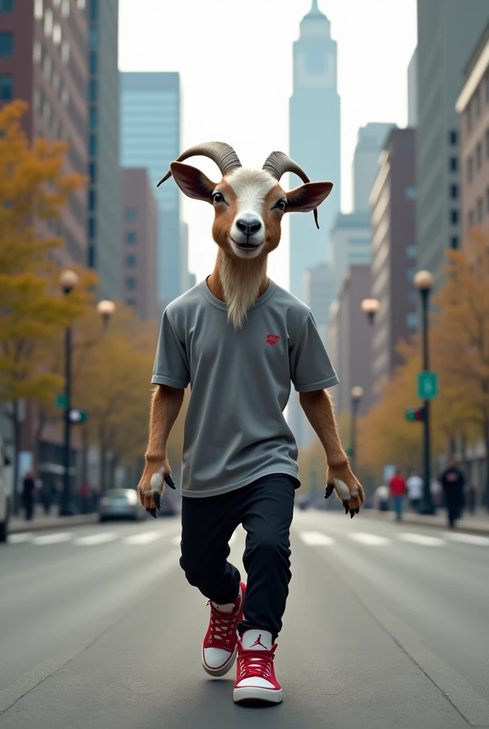 Goat dressed in gray walking, black pants and red and white Jordan shoes 