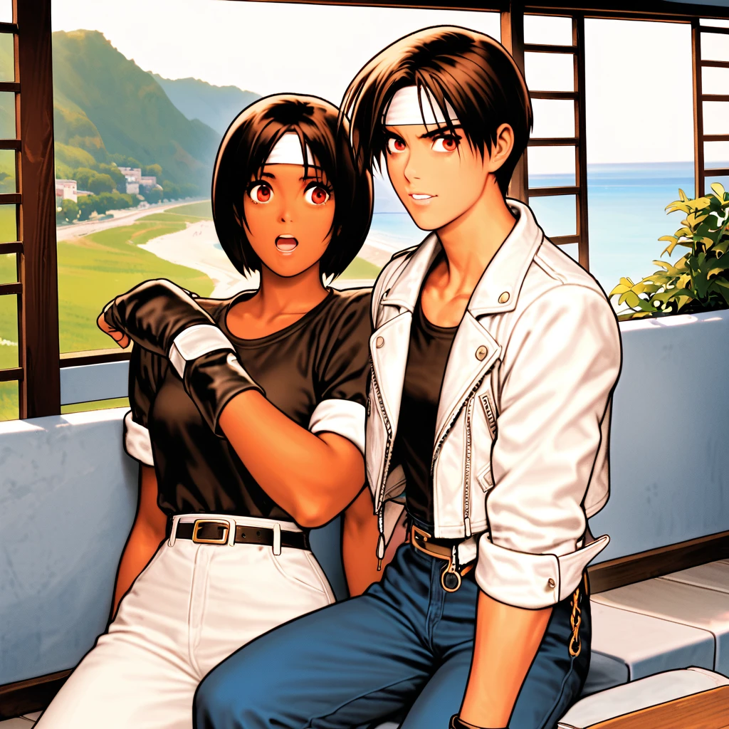 woman,Sleepy face,My friend was surprised,short hair,Black Hair,Dark Skin,Red eyes,((White leather jacket with rolled up sleeves)),Fingerless gloves,Black T-shirt,((White headband)),Blue Jeans.（Wallet chain at waist）,White shoes,Tea belt,cute,indoor ,Attractive points,Ocean view,A little big breasts are a little big,Outdoor,high quality,good looking,My friend is worried on the terrace,Yawn