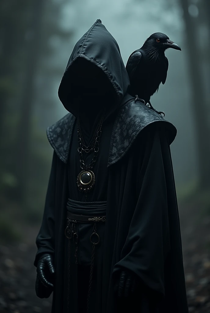 Mysterious man, dark theme, with a hood, big raven on his shoulder, intimidating