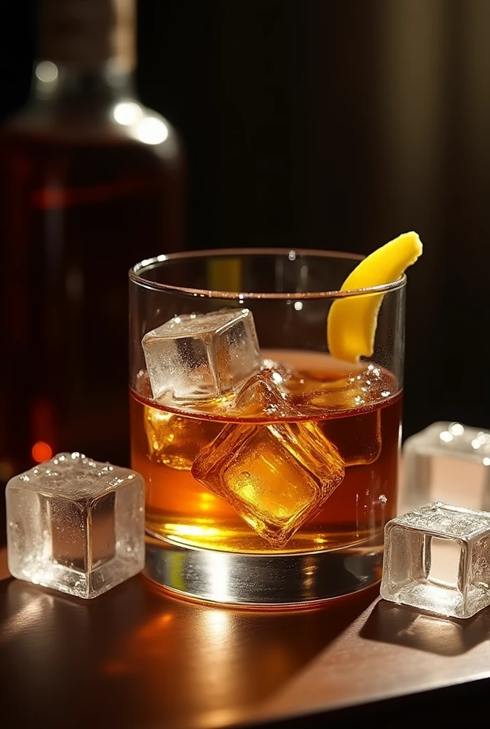 glass of whiskey with ice and lemon