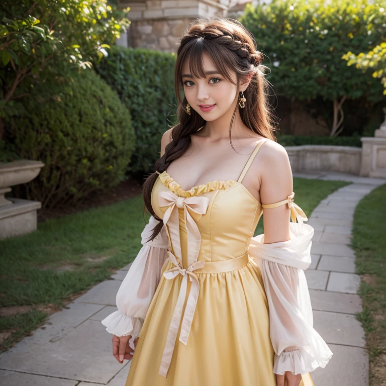 laughing out loud,1 female, 2,(Yellow princess dress in beauty and the beast),Outside the castle,Large skirt,Big hem,light brown hair, blunt bangs, hair behind ears, Shoulder length hair, long hair, Braided hair repair,long body shape, 超face slimming型, face slimming, delicate lips, beautiful eyes, Thin blush, Eyes are light brown,Check it out here, (actual:1.3), One person's perspective, 8k, Super detailed, high quality, best quality, High resolution,knee shot,My breasts look big in my clothes,There are bows on both shoulder straps,Bow shoulder strap