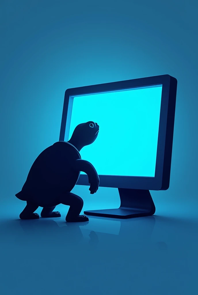 generate a logo where inside it there is a silhouette of a turtle looking at a blue computer