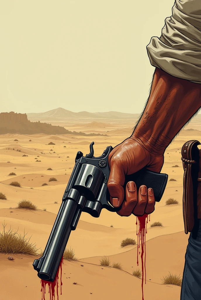 A cowboy's arm with bloody arm and hand holding a revolver. With a desert in the background. Hand drawn style