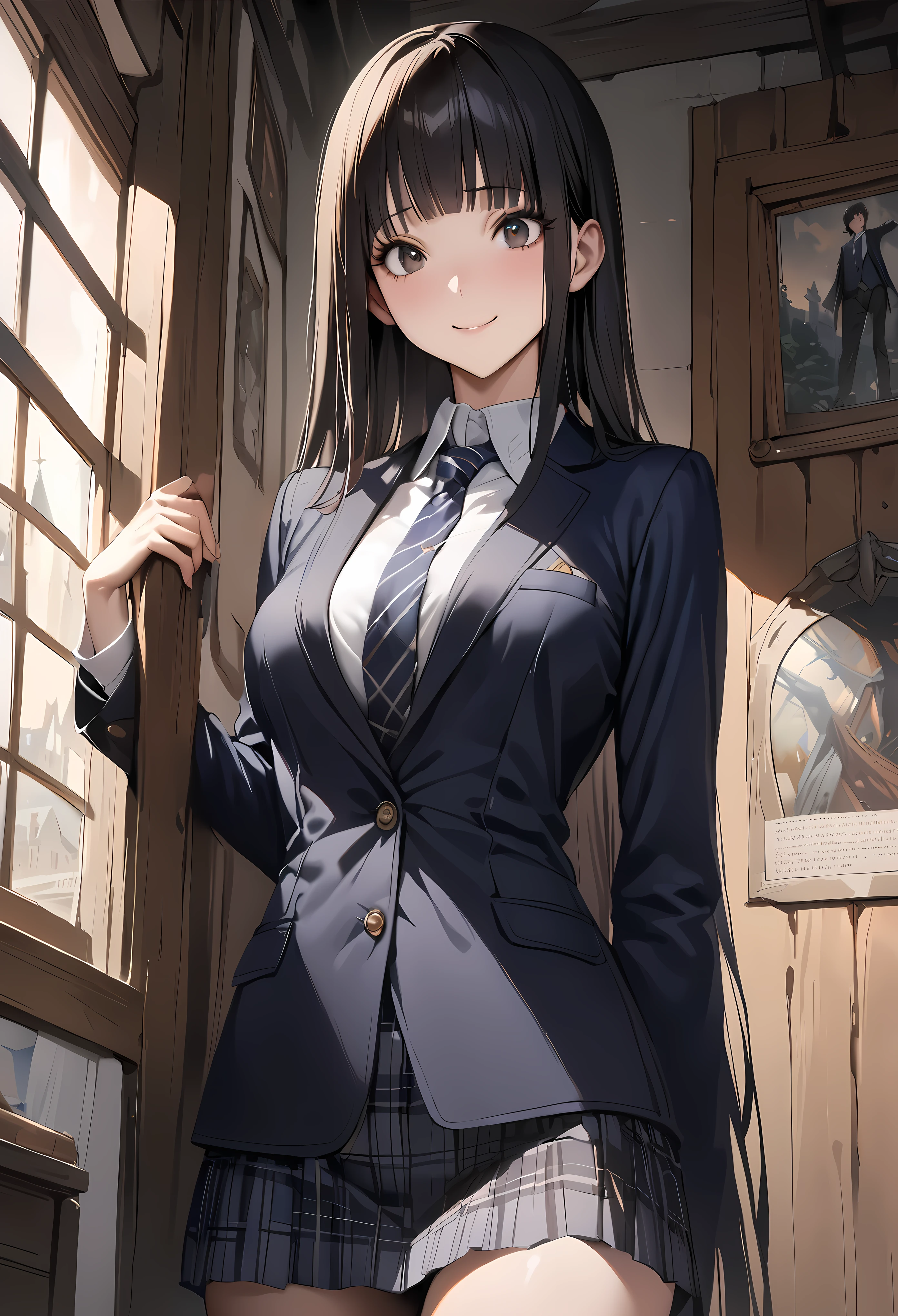Fantasy art、((masterpiece,best quality anime,Highest quality:1.3)),realistic,portrait,cowboy shot,1woman,(Mature Beauty),((very small head:1.4)),((very long body:1.3)),long hair,black hair,bangs,(gorgeous big eyes),black eyes,smile,(School uniform、Dark blue blazer jacket、Navy blue tie、Dark blue plaid mini skirt),white collared shirt,((slender body:1.3,skinny:1.2)),medium breasts,standing,Old school building、Harry Potter World,