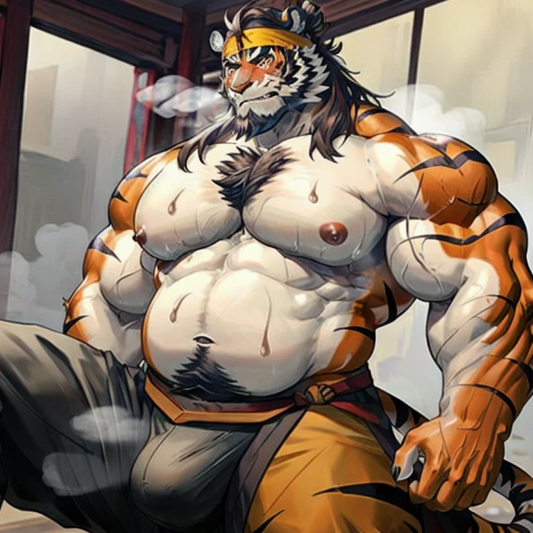 masterpiece,best quality,1boy,(huai_tianpei),solo,muscular male,hi res,8k hd,extreme detail,detailed background,masterpiece,muscular,muscular anthro,aged up,looking at viewer,hair bun,beard,sideburns,open clothes,chinese clothes,claws,thick eyebrows,orange body,facial hair,tiger tail,brown hair,headband,tiger ears,tiger Boy,medium hair,upper body, Thick beard,cum,cum shot on chest and face ,large amount of chest hair、large amount of belly hair、large amount of armpit hair,blushing,shy, have a lot of tribal tattoos,flirtatious facial expression, flirting , big chest, ((huge hefty pecs):1.2),Split abs,(strong beefy muscular body), strong muscles, 8 pack, extremely hot and sexy, , Double Penetration, messy cum ,thighs up、legs stretched out ,Hands touching the crotch, great physique,Strong arms, manly, bodybuilder ,handsome, (Fine veins:1.5), (shine body:1.5) , (Excessive sweating:1.7), (Sweat all over the body:1.7) ,(steaming breath:1.2),,inflation, excessive cum, ,Bondage,