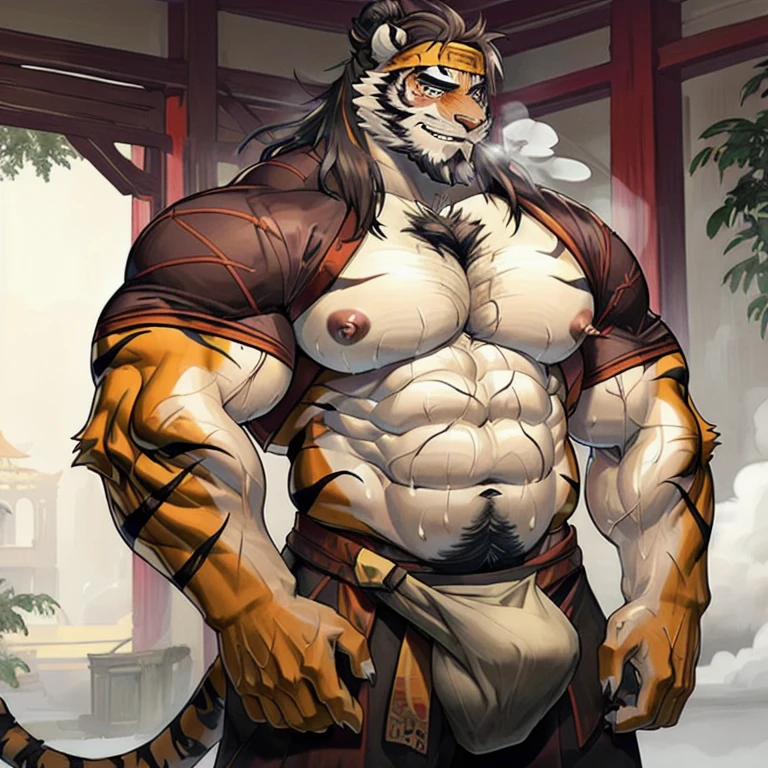 masterpiece,best quality,1boy,(huai_tianpei),solo,muscular male,hi res,8k hd,extreme detail,detailed background,masterpiece,muscular,muscular anthro,aged up,looking at viewer,hair bun,beard,sideburns,open clothes,chinese clothes,claws,thick eyebrows,orange body,facial hair,tiger tail,brown hair,headband,tiger ears,tiger Boy,medium hair,upper body, Thick beard,cum,cum shot on chest and face ,large amount of chest hair、large amount of belly hair、large amount of armpit hair,blushing,shy, have a lot of tribal tattoos,flirtatious facial expression, flirting , big chest, ((huge hefty pecs):1.2),Split abs,(strong beefy muscular body), strong muscles, 8 pack, extremely hot and sexy, , Double Penetration, messy cum ,thighs up、legs stretched out ,Hands touching the crotch, great physique,Strong arms, manly, bodybuilder ,handsome, (Fine veins:1.5), (shine body:1.5) , (Excessive sweating:1.7), (Sweat all over the body:1.7) ,(steaming breath:1.2),,inflation, excessive cum, ,Bondage,