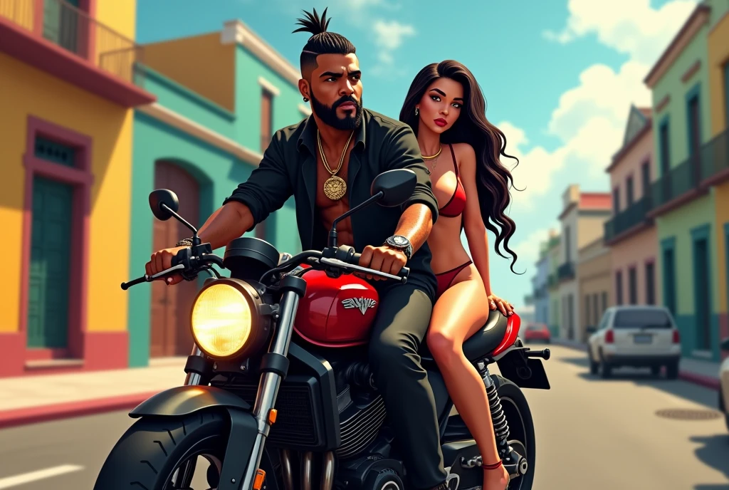 1man puerto rican ((dark skin)) gta style in old san juan beard braids nice edge up gold chains gold esrings full body  portrait((,animation)) hands in pocket urban clothing black and red riding a nice sports motorcycle woth a sexy lady on motorcycle sexy micro clothing focus on ((lady big butt)) ((man drivin woman on back of motorcycle)) animation