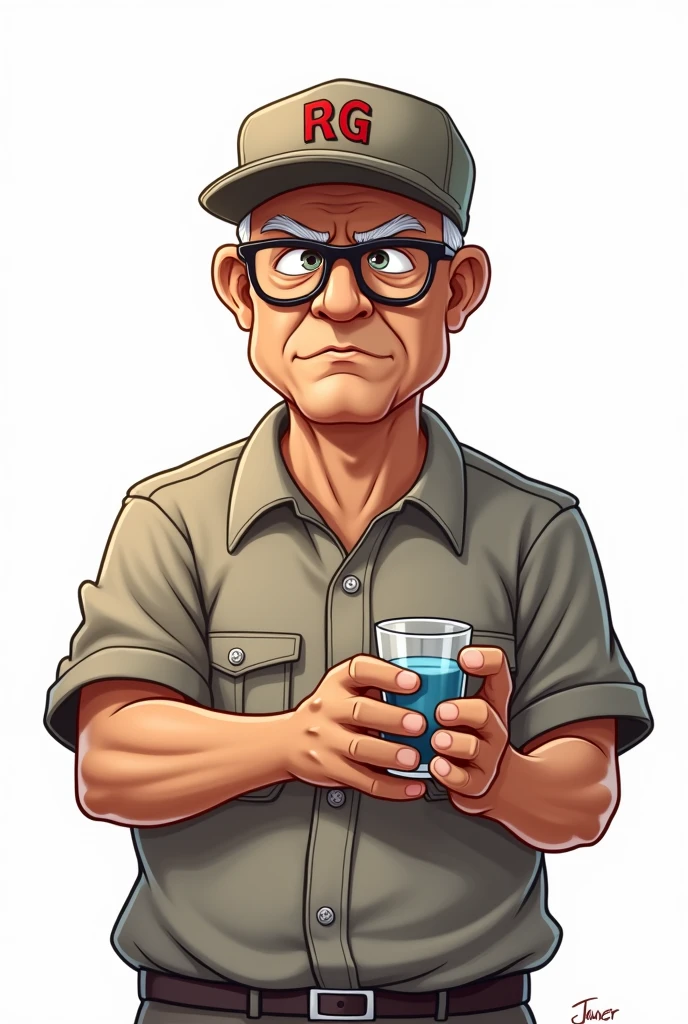 a 60 year old bald man, brown skin, with round glasses and a plain cap with the RG logo, white background, em cartoon, serious, holding a shot glass, Skinny weighing about 70 kilos
, WITHOUT ANY HAIR ON THE FACE